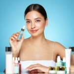 A young woman among the beauty products