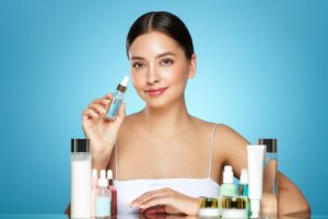A young woman among the beauty products